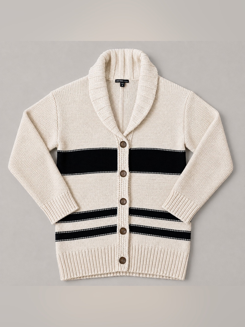 James Perse Los Angeles Women’s Sz 0 Cream Black Striped Shawl Collar Knit